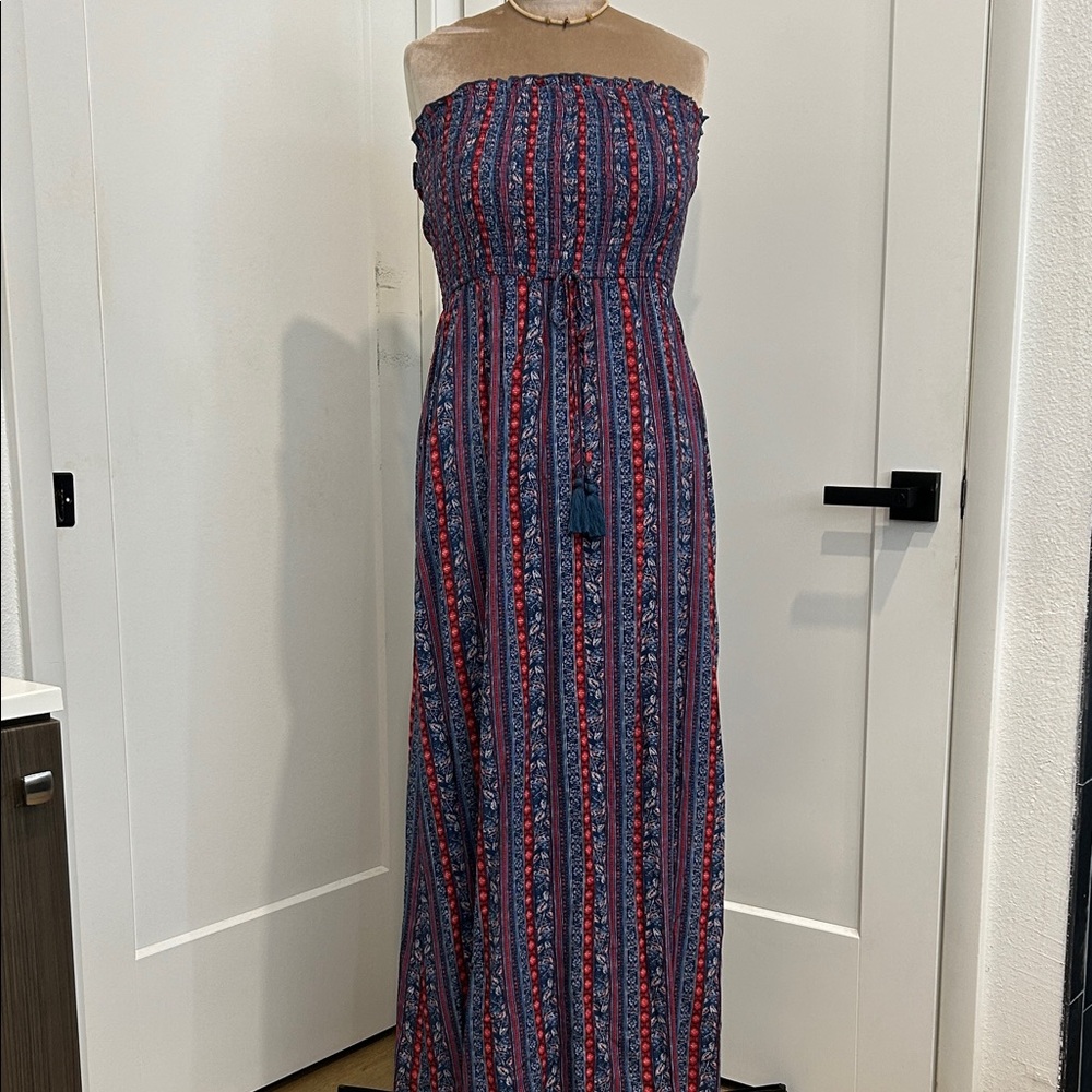 Band of Gypsies Bohemian Vibes Red and Blue Strapless Maxi Dress |Size Medium - Picture 3 of 12